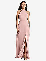 Rear View Thumbnail - Rose - PANTONE Rose Quartz Stand Collar Halter Maxi Dress with Criss Cross Open-Back