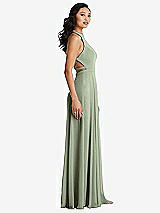 Side View Thumbnail - Sage Stand Collar Halter Maxi Dress with Criss Cross Open-Back