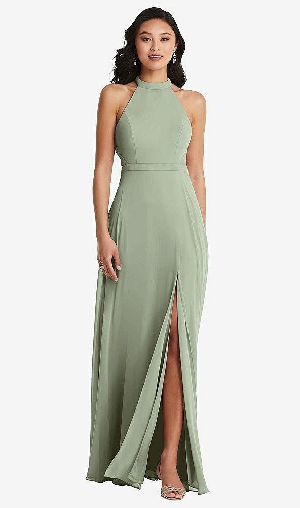 Back View - Sage Stand Collar Halter Maxi Dress with Criss Cross Open-Back