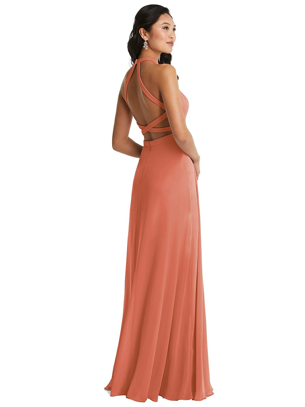 Stand Collar Halter Maxi Bridesmaid Dress With Criss Cross Open-back In  Terracotta Copper | The Dessy Group