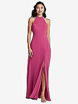 Rear View Thumbnail - Tea Rose Stand Collar Halter Maxi Dress with Criss Cross Open-Back