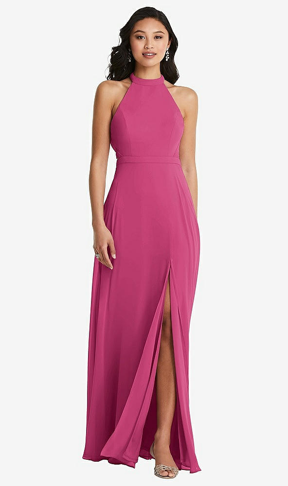 Back View - Tea Rose Stand Collar Halter Maxi Dress with Criss Cross Open-Back