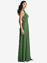 Side View Thumbnail - Vineyard Green Stand Collar Halter Maxi Dress with Criss Cross Open-Back