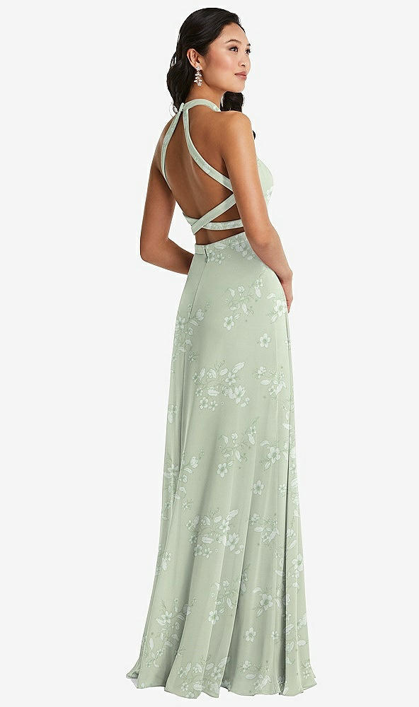 Front View - Vintage Primrose Sage Stand Collar Halter Maxi Dress with Criss Cross Open-Back