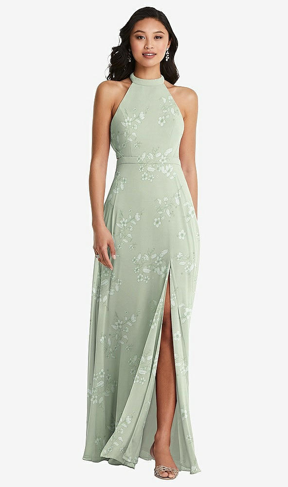 Back View - Vintage Primrose Sage Stand Collar Halter Maxi Dress with Criss Cross Open-Back