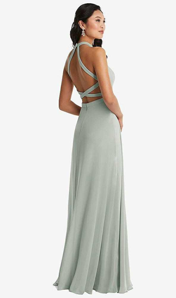 Front View - Willow Green Stand Collar Halter Maxi Dress with Criss Cross Open-Back