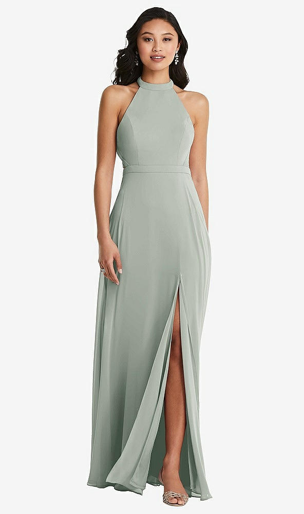 Back View - Willow Green Stand Collar Halter Maxi Dress with Criss Cross Open-Back