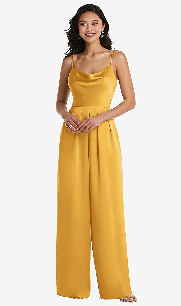 Front View - NYC Yellow Cowl-Neck Spaghetti Strap Maxi Jumpsuit with Pockets