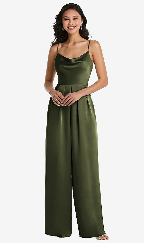 Front View - Olive Green Cowl-Neck Spaghetti Strap Maxi Jumpsuit with Pockets