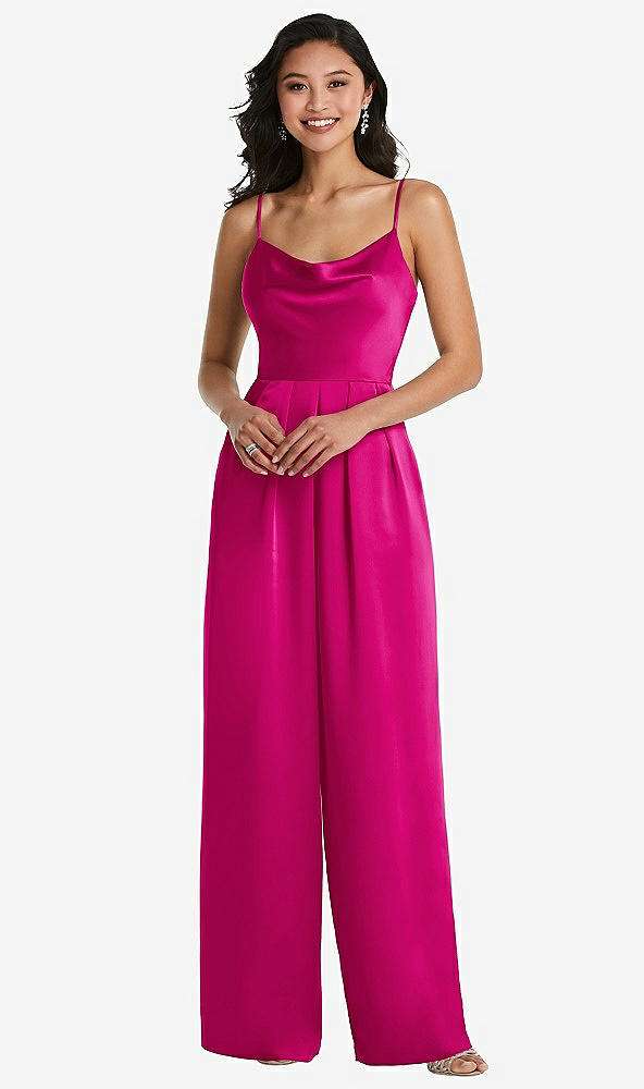 Front View - Think Pink Cowl-Neck Spaghetti Strap Maxi Jumpsuit with Pockets