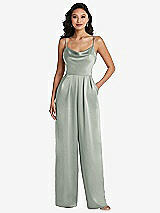 Alt View 1 Thumbnail - Willow Green Cowl-Neck Spaghetti Strap Maxi Jumpsuit with Pockets