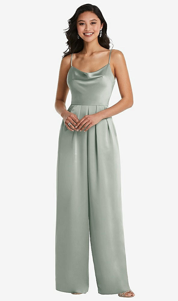 Front View - Willow Green Cowl-Neck Spaghetti Strap Maxi Jumpsuit with Pockets