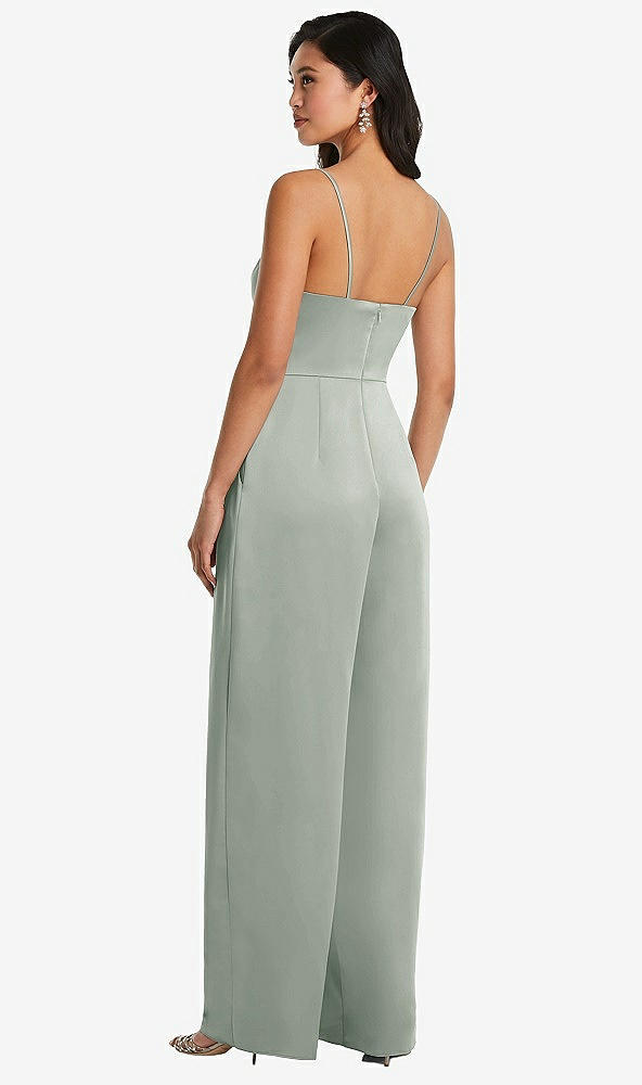 Back View - Willow Green Cowl-Neck Spaghetti Strap Maxi Jumpsuit with Pockets