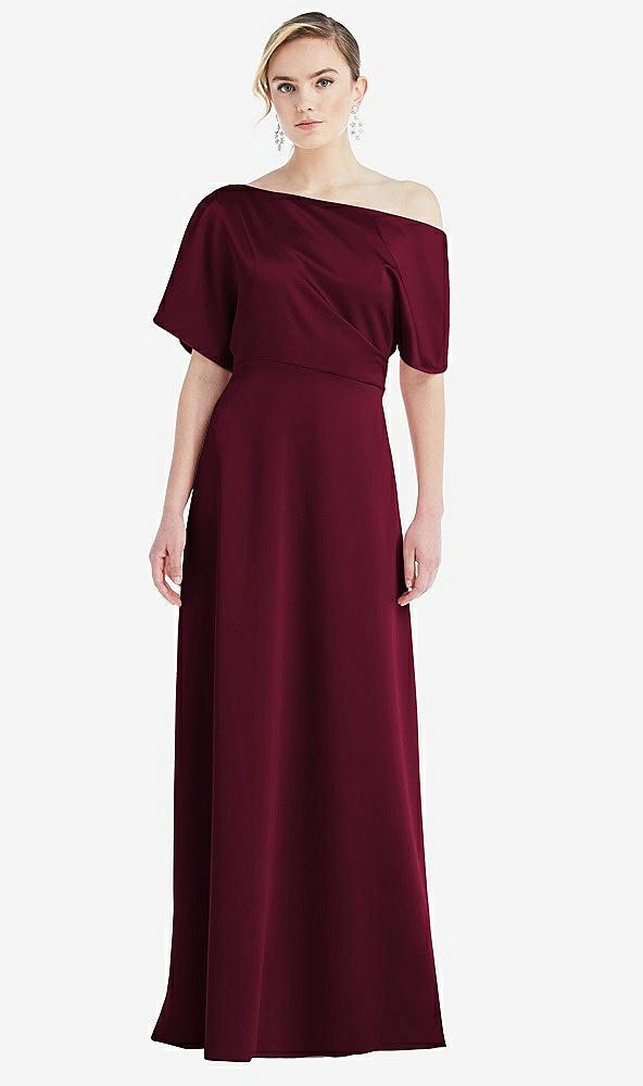 Front View - Cabernet One-Shoulder Sleeved Blouson Trumpet Gown