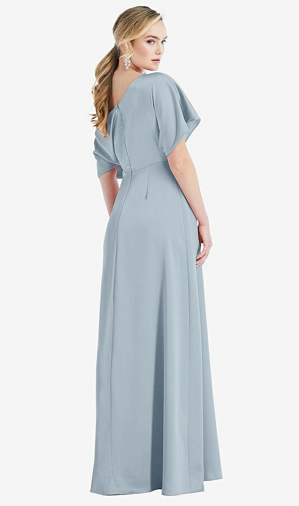 Back View - Mist One-Shoulder Sleeved Blouson Trumpet Gown