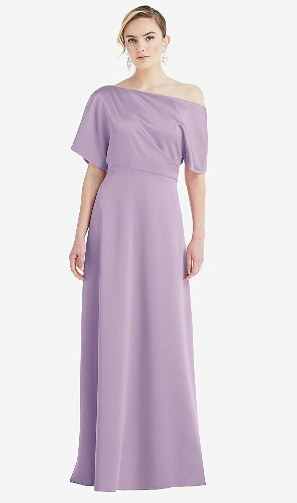 Front View - Pale Purple One-Shoulder Sleeved Blouson Trumpet Gown