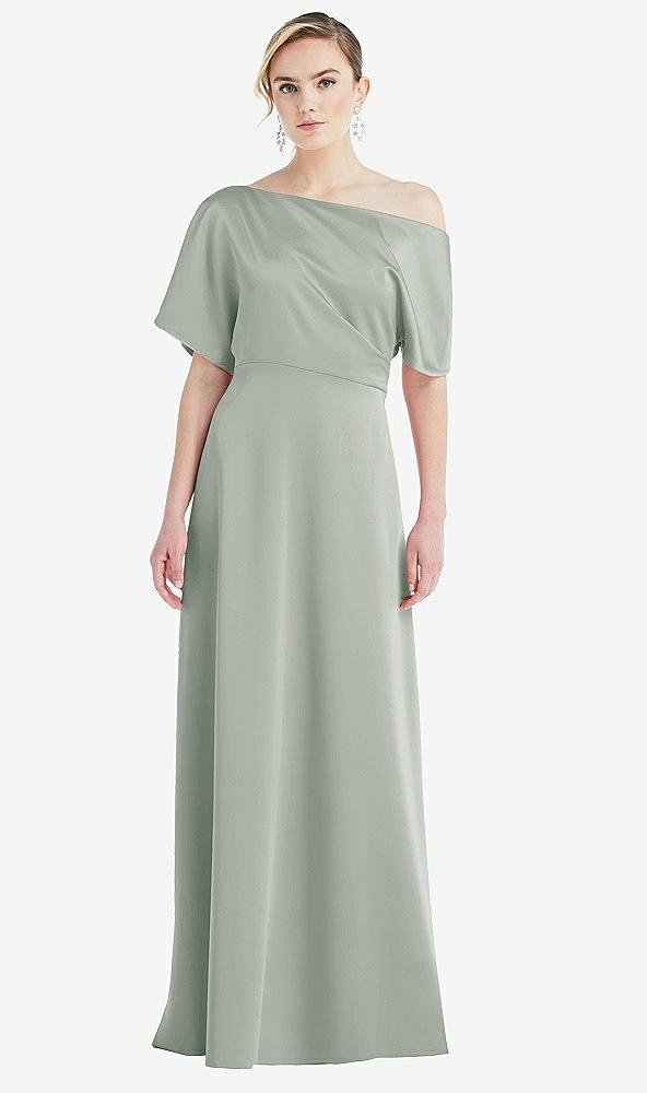 Front View - Willow Green One-Shoulder Sleeved Blouson Trumpet Gown