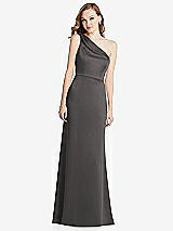 Front View Thumbnail - Caviar Gray Shirred One-Shoulder Satin Trumpet Dress - Maddie