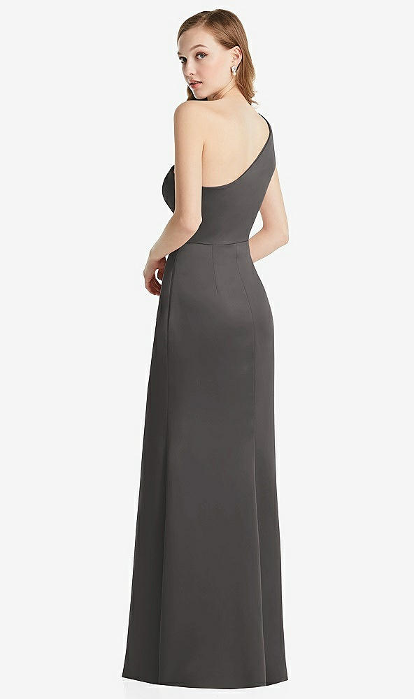 Back View - Caviar Gray Shirred One-Shoulder Satin Trumpet Dress - Maddie