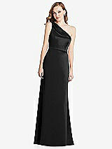 Front View Thumbnail - Black Shirred One-Shoulder Satin Trumpet Dress - Maddie