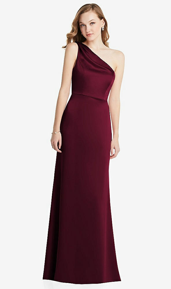 Front View - Cabernet Shirred One-Shoulder Satin Trumpet Dress - Maddie