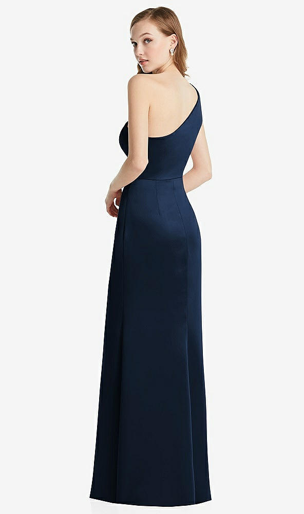 Back View - Midnight Navy Shirred One-Shoulder Satin Trumpet Dress - Maddie