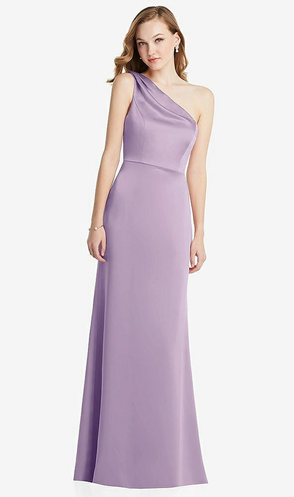 Front View - Pale Purple Shirred One-Shoulder Satin Trumpet Dress - Maddie