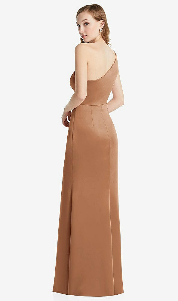 Back View - Toffee Shirred One-Shoulder Satin Trumpet Dress - Maddie