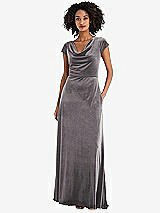 Front View Thumbnail - Caviar Gray Cowl-Neck Cap Sleeve Velvet Maxi Dress with Pockets