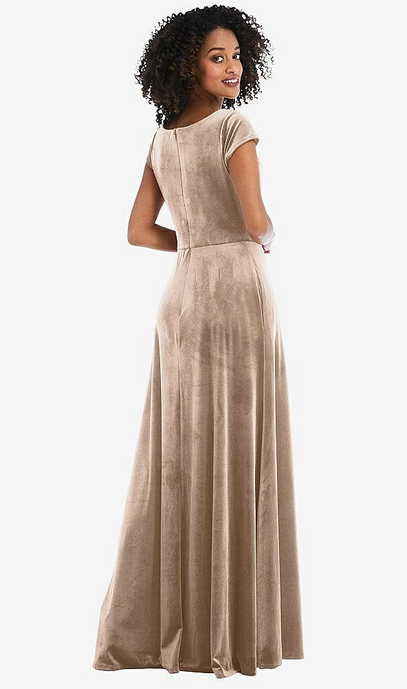 Back View - Topaz Cowl-Neck Cap Sleeve Velvet Maxi Dress with Pockets