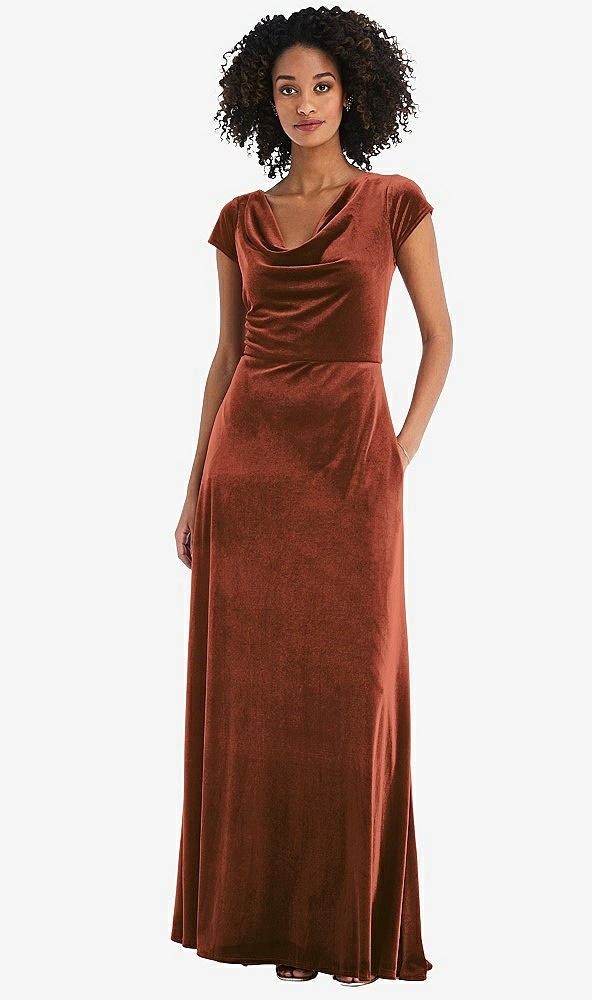 Front View - Auburn Moon Cowl-Neck Cap Sleeve Velvet Maxi Dress with Pockets