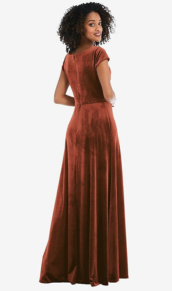 Back View - Auburn Moon Cowl-Neck Cap Sleeve Velvet Maxi Dress with Pockets