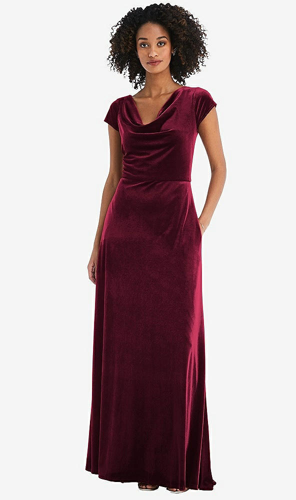 Front View - Cabernet Cowl-Neck Cap Sleeve Velvet Maxi Dress with Pockets