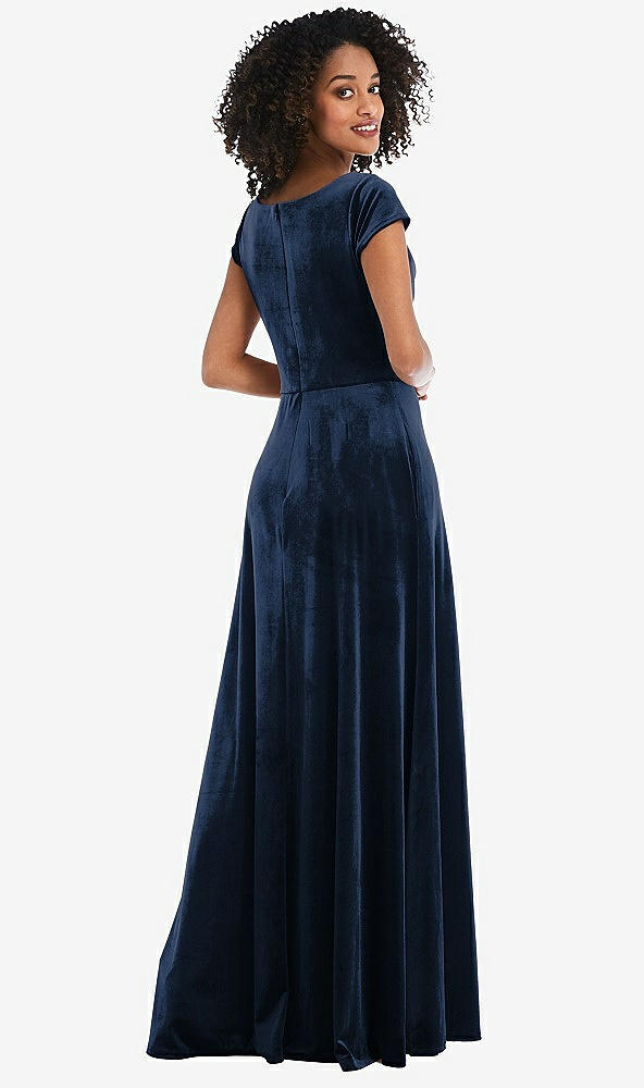 Back View - Midnight Navy Cowl-Neck Cap Sleeve Velvet Maxi Dress with Pockets