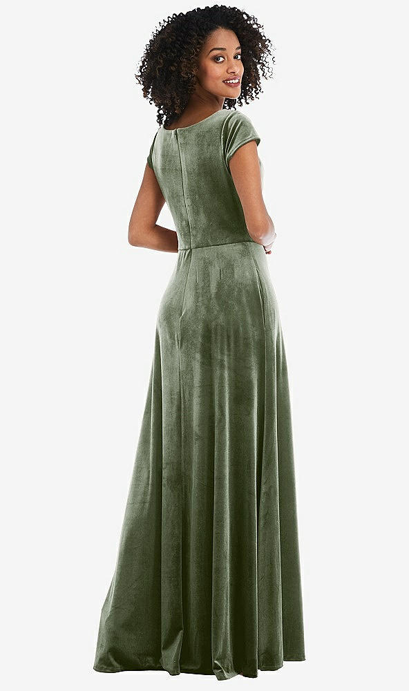 Back View - Sage Cowl-Neck Cap Sleeve Velvet Maxi Dress with Pockets