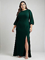 Alt View 1 Thumbnail - Evergreen & Evergreen Bishop Sleeve Open-Back Trumpet Gown with Scarf Tie