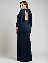 Alt View 3 Thumbnail - Midnight Navy & Midnight Navy Bishop Sleeve Open-Back Trumpet Gown with Scarf Tie