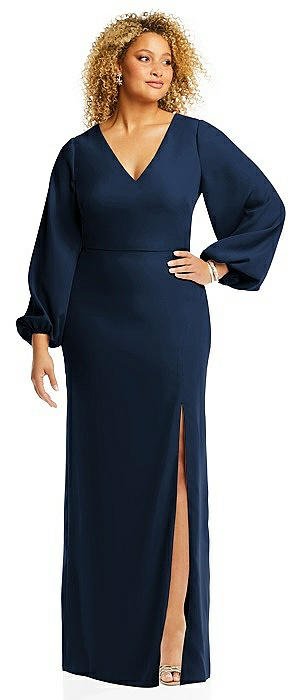 Long Puff Sleeve V-Neck Trumpet Gown