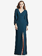 Alt View 1 Thumbnail - Atlantic Blue Long Puff Sleeve V-Neck Trumpet Gown