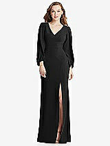 Alt View 1 Thumbnail - Black Long Puff Sleeve V-Neck Trumpet Gown