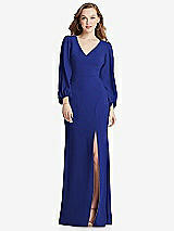 Alt View 1 Thumbnail - Cobalt Blue Long Puff Sleeve V-Neck Trumpet Gown