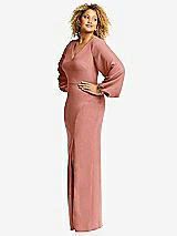 Side View Thumbnail - Desert Rose Long Puff Sleeve V-Neck Trumpet Gown