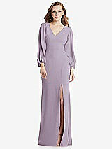 Alt View 1 Thumbnail - Lilac Haze Long Puff Sleeve V-Neck Trumpet Gown