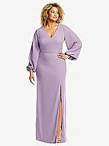 Front View Thumbnail - Pale Purple Long Puff Sleeve V-Neck Trumpet Gown