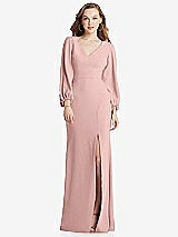 Alt View 1 Thumbnail - Rose - PANTONE Rose Quartz Long Puff Sleeve V-Neck Trumpet Gown