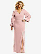 Front View Thumbnail - Rose - PANTONE Rose Quartz Long Puff Sleeve V-Neck Trumpet Gown