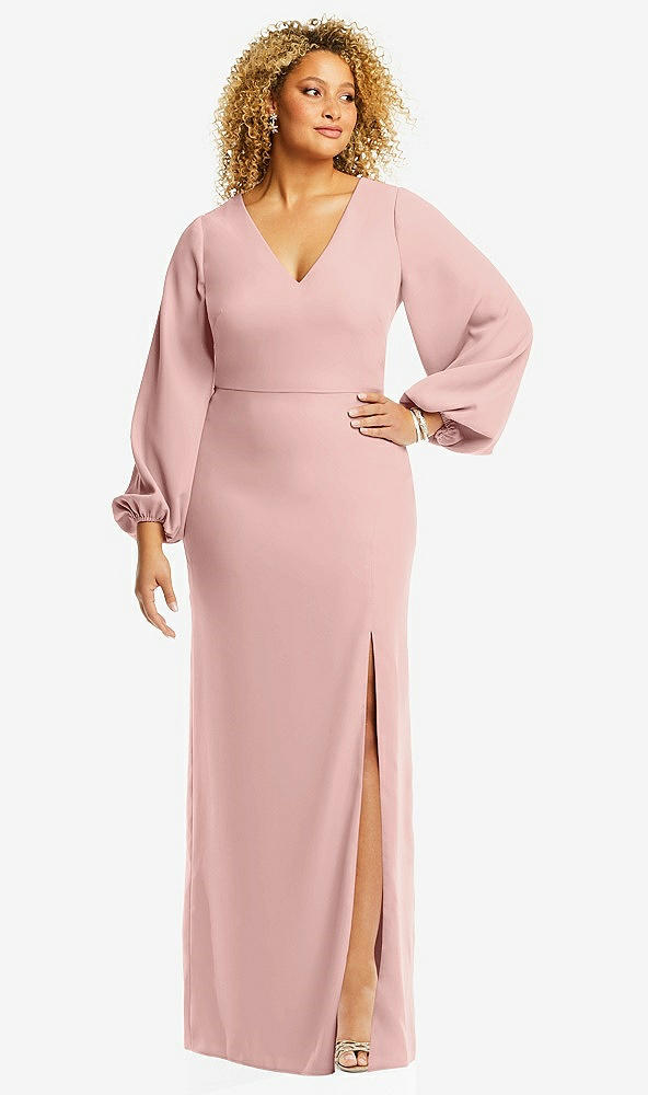 Front View - Rose - PANTONE Rose Quartz Long Puff Sleeve V-Neck Trumpet Gown