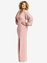 Side View Thumbnail - Rose - PANTONE Rose Quartz Long Puff Sleeve V-Neck Trumpet Gown