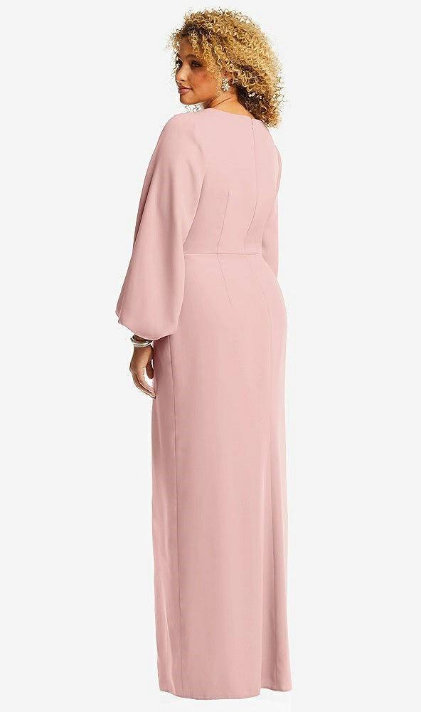 Back View - Rose - PANTONE Rose Quartz Long Puff Sleeve V-Neck Trumpet Gown