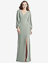 Alt View 1 Thumbnail - Willow Green Long Puff Sleeve V-Neck Trumpet Gown